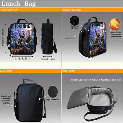Children's Cartoon Fortnite Picnic Bag For Boys and Girls Age 5-10，Kids Insulated Cooler Lunch Bags Cute Portable Lightweight