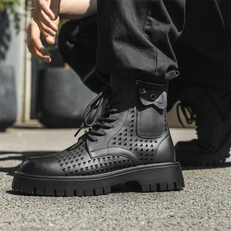 Non-Slip Men's High Top Casual Leather Shoes Street Style Motorcycle Boots New Stylish Ankle Boots Thick Bottom Walking Footwear