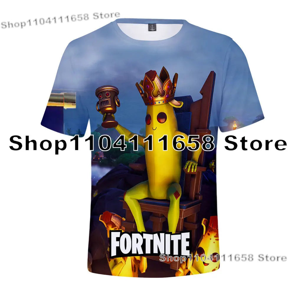 T-shirt Banana Peely para mulher, criança e homem, inspirado em F-Fortnite — T-shirt 3D estampada Battle Royale, top de verão, presente de aniversário