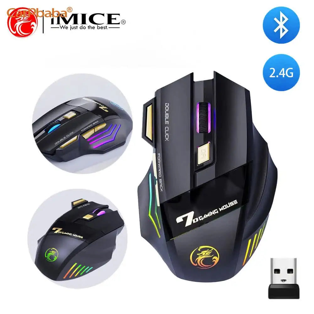 Rato Sem Fios Bluetooth Recarregável para Computador, Rato Gamer Ergonómico com Retroiluminação RGB, Silencioso, para PC