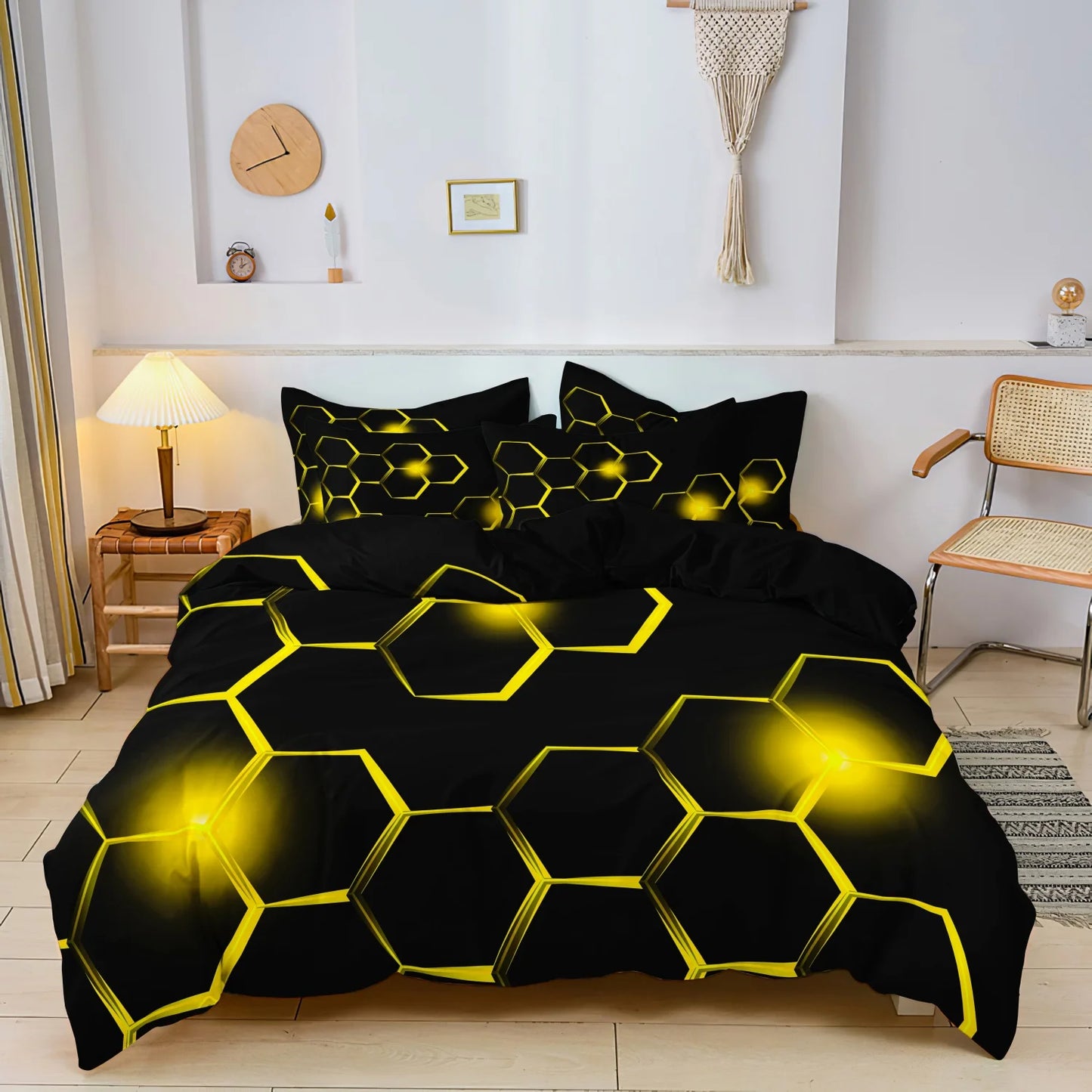 3pcs Geometric 3D Hexagonal Honeycomb Pattern Duvet Cover Set, Digital Print Colorful Polyester Bedding with Zipper Closure