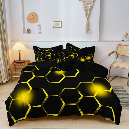 3pcs Geometric 3D Hexagonal Honeycomb Pattern Duvet Cover Set, Digital Print Colorful Polyester Bedding with Zipper Closure