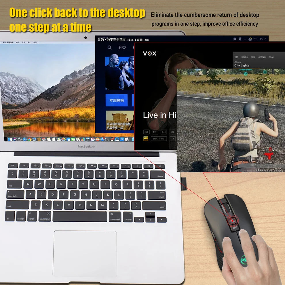 Rato gaming sem fios 2.4G USB-C recarregável 3600DPI, 7 botões, Type-C, silencioso, para MacBook, portátil, PC e computador