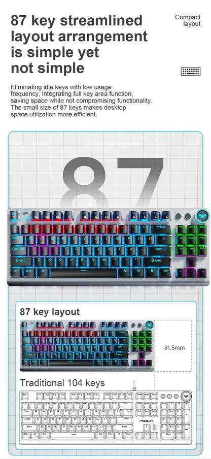 AULA F3001 Mechanical Keyboard Bluetooth Wireless Three Mode Metal Panel Two-color Injection Molding Cool Backlight Effect 87 Key
