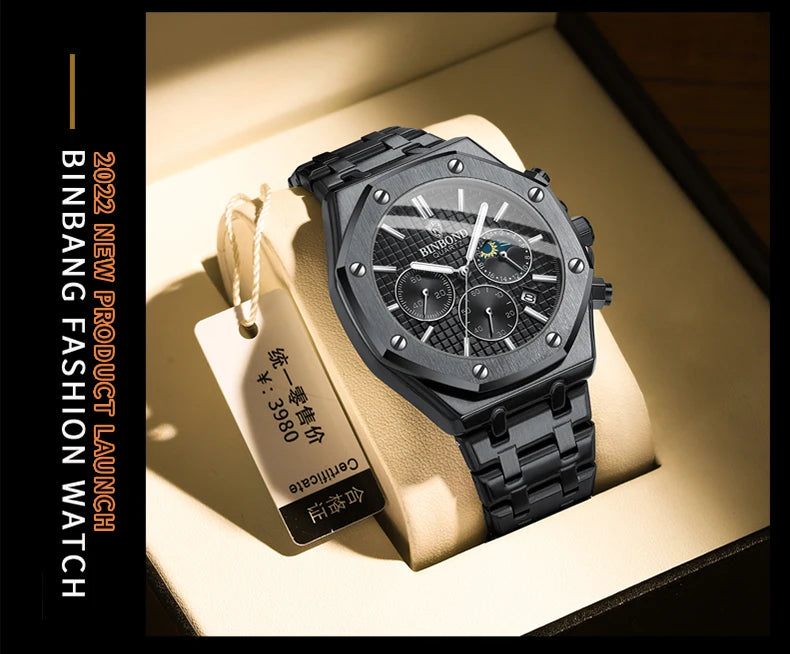 BINBOND Top Brand Man Quartz Watch Luxury Luminous Chronograph Wristwatch Stainless Steel Waterproof Men Date Calendar Clock