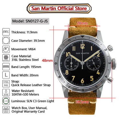 San Martin Vintage Men Quartz Watch Pilot VK64 Chronograph Watches Waterproof Luminous Quick Release Leather Strap SN0127