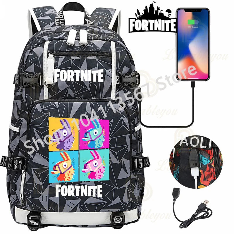 Mochila Red Jade F-Fortnited Battle Royale com carregamento USB, figuras anime e compartimento para material escolar para estudantes