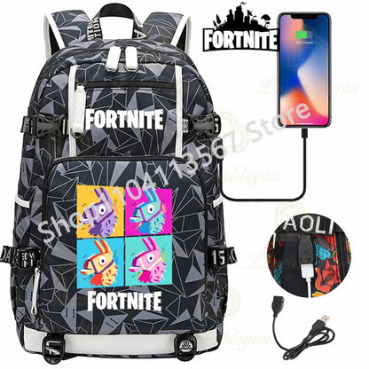 Mochila Red Jade F-Fortnited Battle Royale com carregamento USB, figuras anime e compartimento para material escolar para estudantes