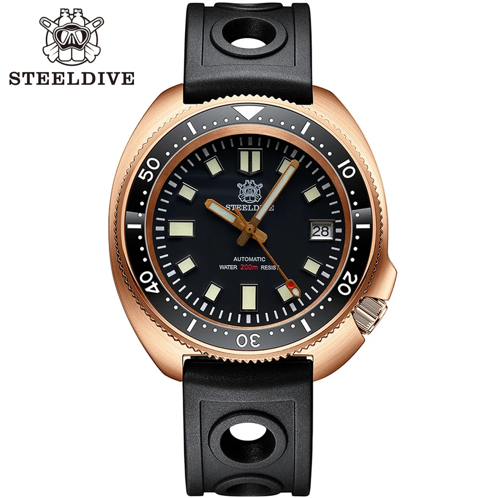 STEELDIVE Men Bronze Dive Watch 200M Water Resistant Ceramic Bronze Bezel Automatic Movement Wristwatch