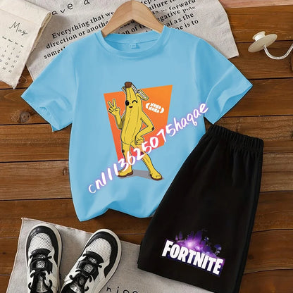 Conjunto de T-shirt e calções Fortnite Series para criança, top e calças inspirados em jogo popular, outfit de verão para casa, confortável e adorável, presente de aniversário