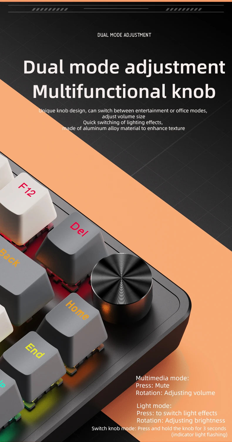 APAYADO 75% Gaming Keyboard Wired with Metal Knob, Hot-Swap K82 Black Mechanical Keyboard, ABS Transparent Character RGB