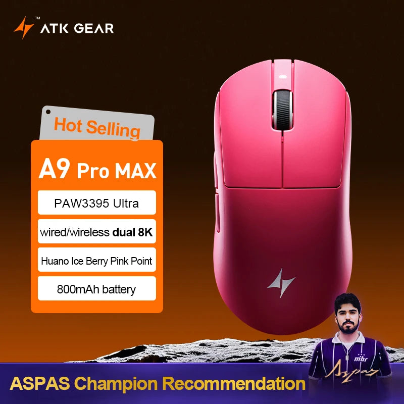 ATK Dragonfly A9 Ultra Wireless Gaming Mouse, Ultra-Lightweight Tri-Mode Ergonomic Gaming Mouse with Dual 8K Polling Rate, PAW3395/3950 Sensor