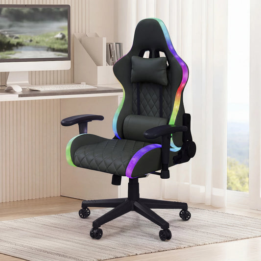 Rosahqnda Gaming Chair with Massage Function, Adjustable Backrest, Computer Chair, with Ambient Light, Lumbar Cushion, Pillow, 150 KG