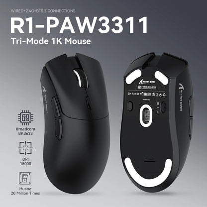 ATTACK SHARK R1 trostruki gaming miš, PixArt PAW3311 senzor, 18000 DPI, 1000hz, 59g, ultralagan za velike ruke, za PC/Mac