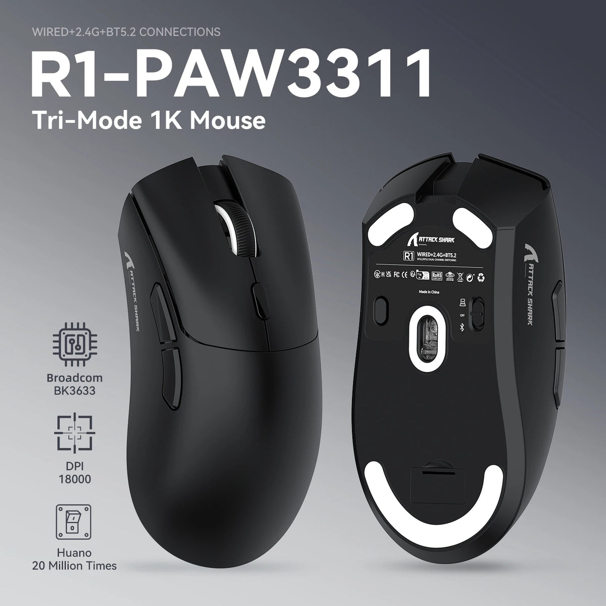 ATTACK SHARK R1 Tri-Mode Gaming Mouse, 59g Ultralight Wireless Gaming Mouse, PixArt PAW3311 Sensor, 18000 DPI, Bluetooth, 2.4GHz & Wired RGB Gaming Mouse
