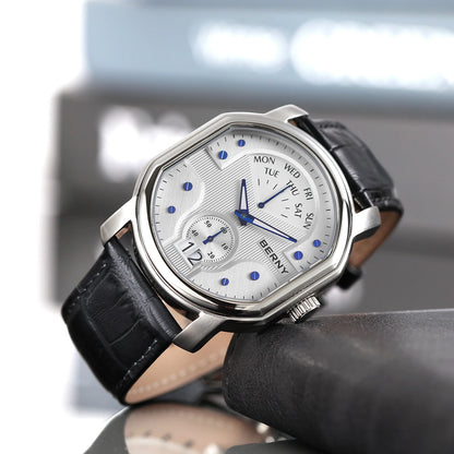 BERNY Tonneau Classic Men's Watch Quartz Luxury Top Watches Ronda 7004N Day Stainless Steel Sapphire Pendulum Dial Watch for Men