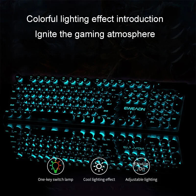 Retro Round Punk Mechanical Feel Keyboard Blue Black Switch 104 Keys USB Wired Gaming Keyboards RGB Backlit for PC Laptop Gamers