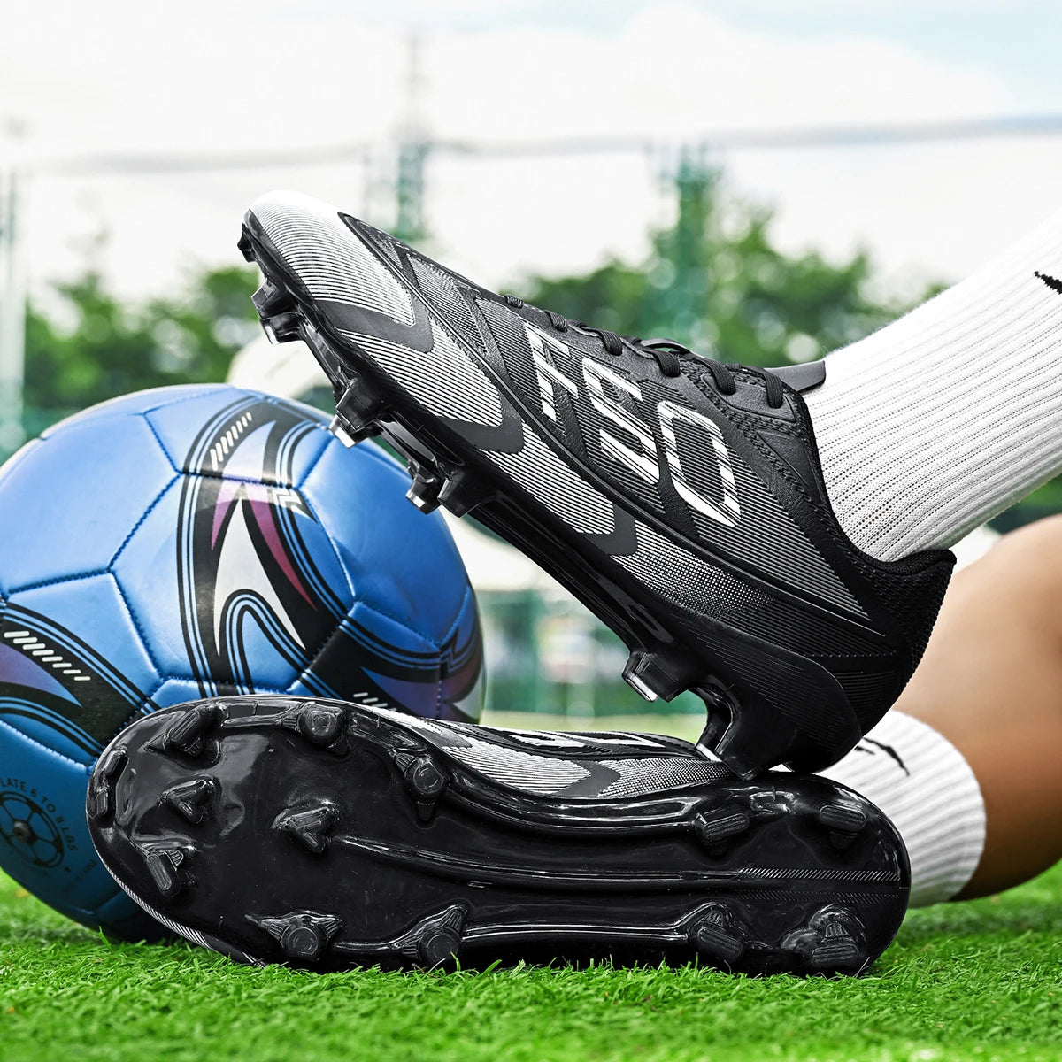 AG/FG Long Studs Soccer Shoes，PU Fabric Mixed Upper，TPU Sole Wear Resistant Anti Slip，Men Women Kids Youth Outdoor Sports