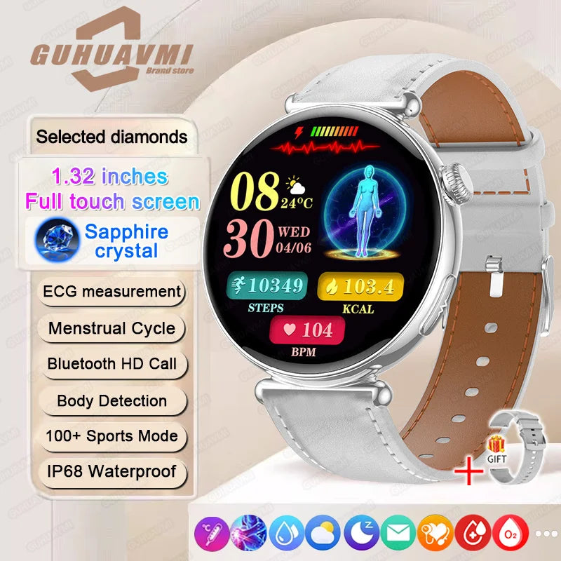 New 1.32inch Smart Watch For Women Health ECG Health Lady Watches Full Touch Screen Call Custom Dial Diamond Strap Smartwatch