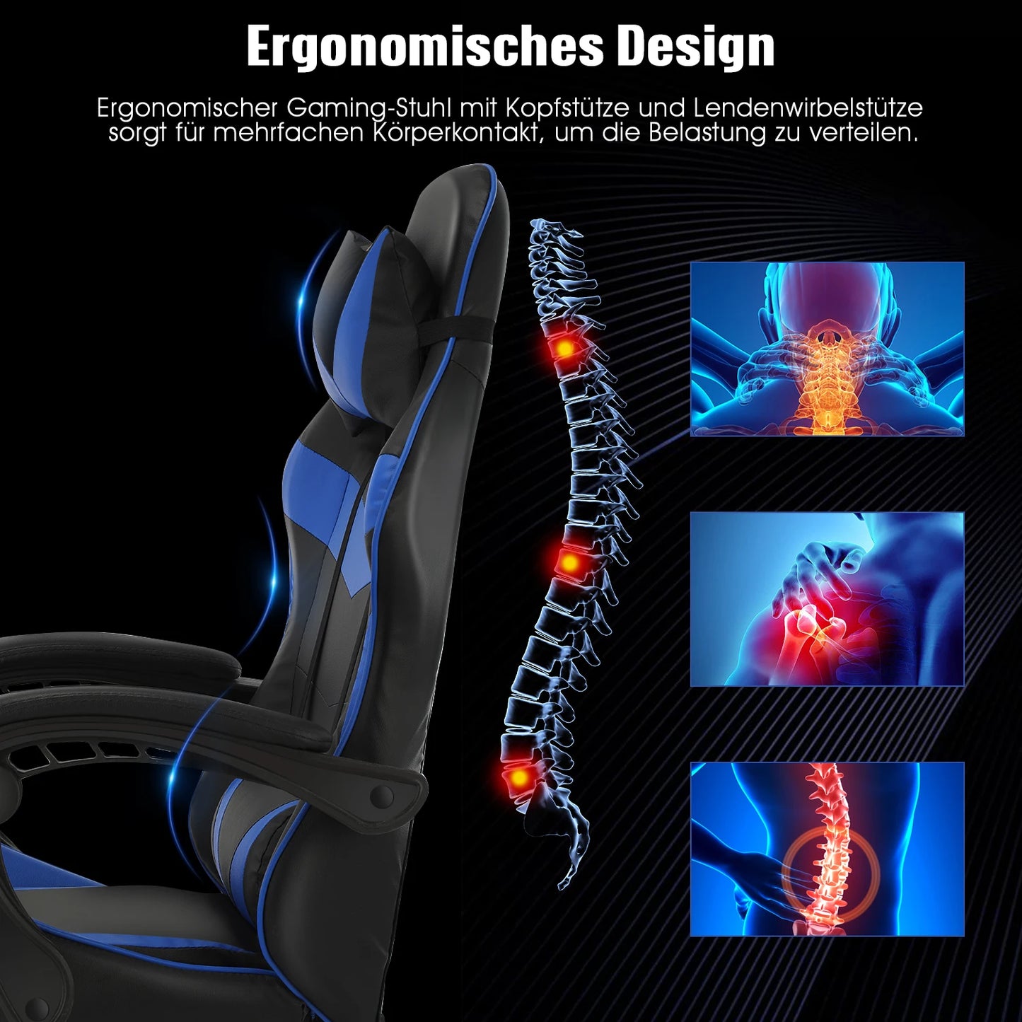 Gaming Massage Chair, Computer Chair + Footrest and Lumbar Support, Height Adjustable Gaming Chair + 360°-Swivel Seat + Headrest