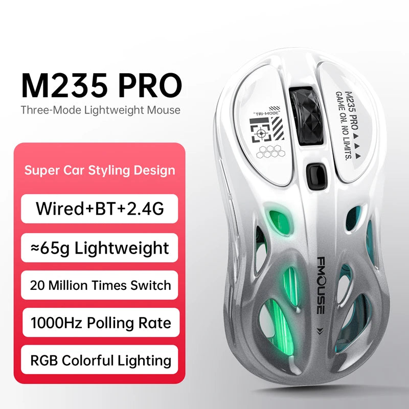 Rato Gaming Sem Fios 2.4G Trimodo RGB, Design Oco Leve com Iluminação Chroma, Com Fios/Bluetooth, Rato E-Sports Controlador