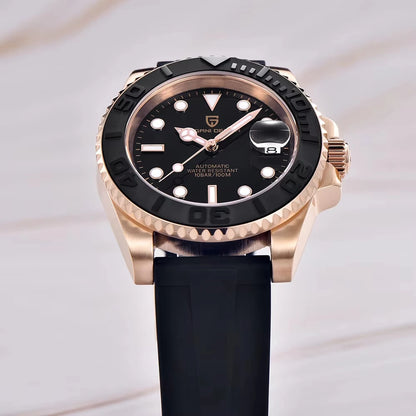 PAGANI DESIGN Automatic Watch Rose Gold Diver Watch 100M Waterproof Luxury Sport Wristwatch Black Rubber Strap Relogio Masculino