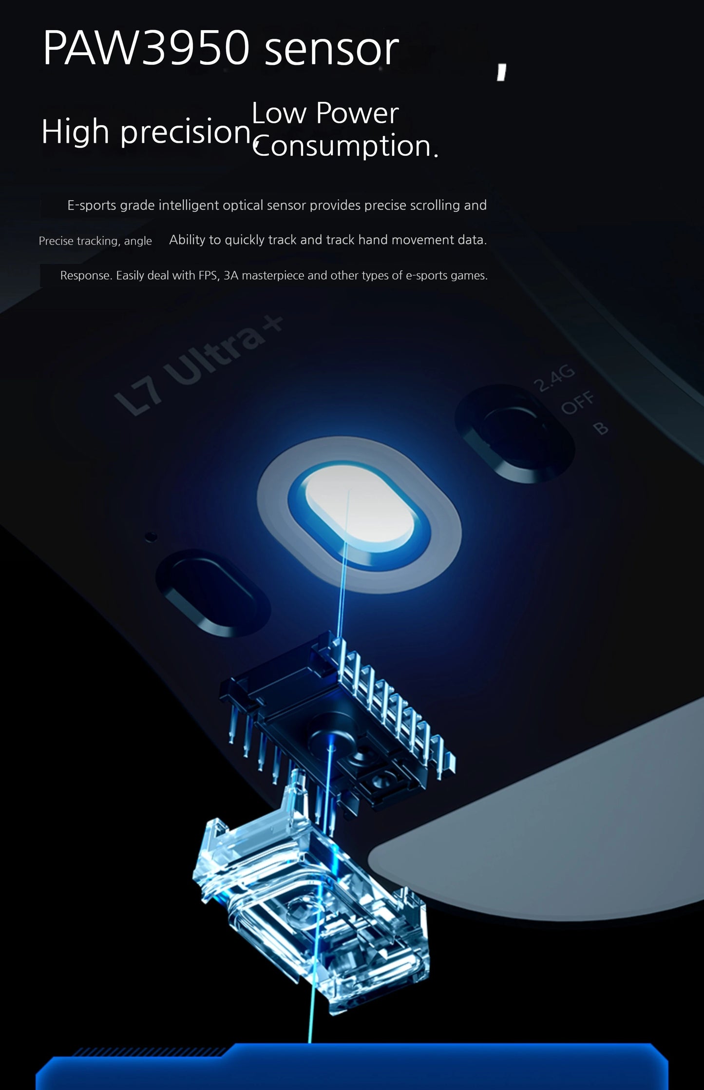 MCHOSE L7 Ultra+ Rato de Mão Médio Grande para Gaming e E-Sports Paw3950 Sem Fios de Três Modos, Leve, para Escritório, Rato de Computador Dual-Drive