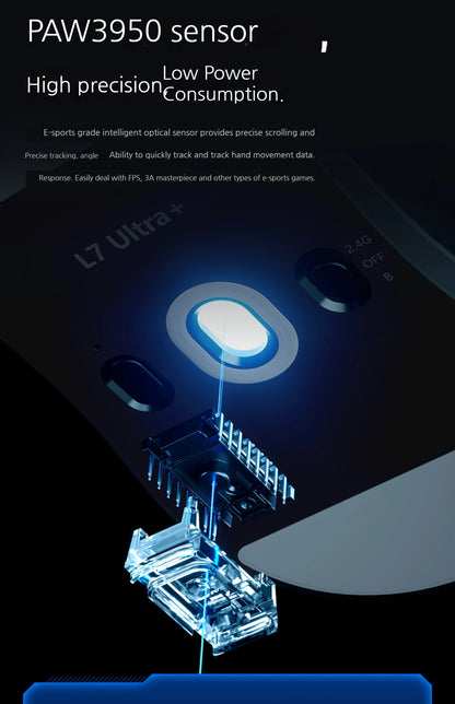 MCHOSE L7 Ultra+ Rato de Mão Médio Grande para Gaming e E-Sports Paw3950 Sem Fios de Três Modos, Leve, para Escritório, Rato de Computador Dual-Drive