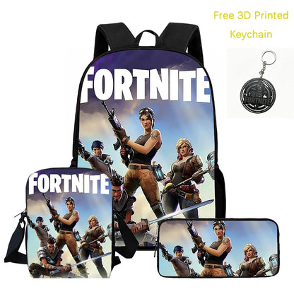 Conjunto de mochila infantil 3 peças, mala a tiracolo e estojo, mala FORTNITE com desenhos, leve para meninos e meninas dos 5 aos 10 anos, porta-chaves 3D impresso grátis