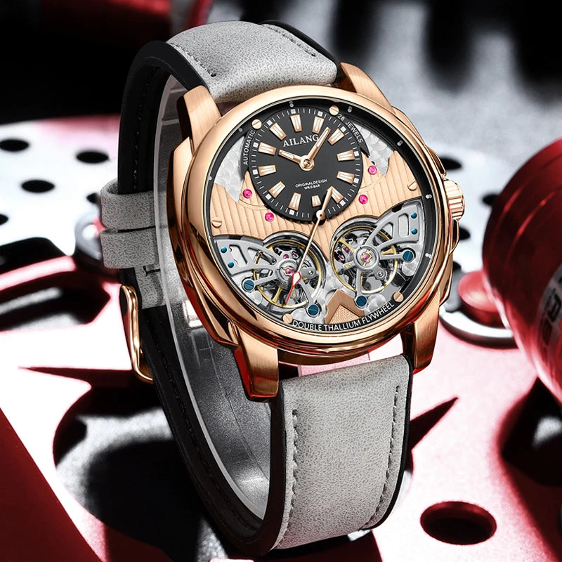 AILANG Automatic Mechanical Waterproof Sport Military Men Watch Luxury Double Tourbillon Man Wristwatch Leather Strap