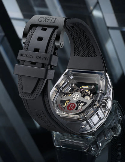 BONEST GATTI New Fully Automatic Men Watch Skeleton Mechanical Watch Rubber Black Band Luminous Barrel Shaped Men Watch