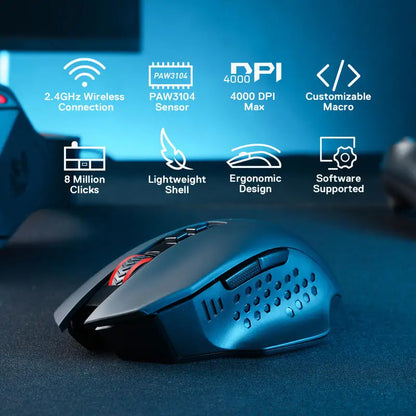 Rato Gaming Sem Fios Redragon M656 Gainer, 4000 DPI 2.4Ghz, Rato Gamer Sem Fios com 5 níveis de DPI, 7 botões macro, retroiluminação LED vermelha