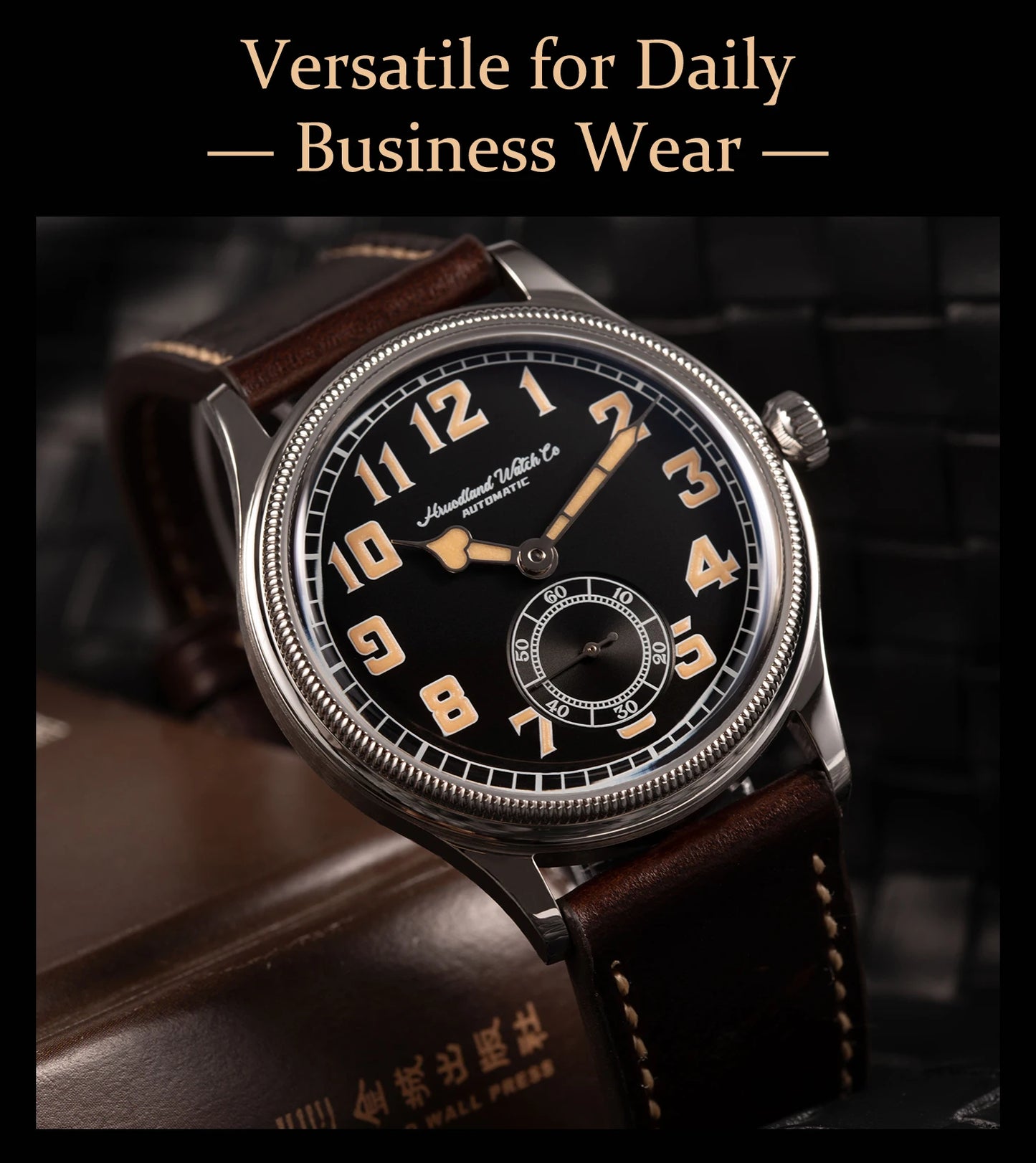 HRUODLAND Retro Flieger Automatic Watches for Men 38mm Seagull ST1701 Mechanical Wristwatch C3 Green Luminous K1 Mineral Bubble Crystal Oil Leather Strap Business Pilot Watch