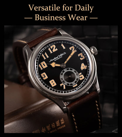 HRUODLAND Retro Flieger Automatic Watches for Men 38mm Seagull ST1701 Mechanical Wristwatch C3 Green Luminous K1 Mineral Bubble Crystal Oil Leather Strap Business Pilot Watch