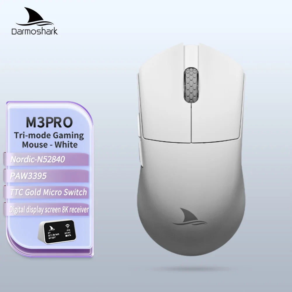 Darmoshark M3Pro Gaming-Maus 2.4G BT kabellos Tri-Mode PAW3395 Sensor N52840 26000DPI für große Hände mit Makro-Treiber – Maus für Gaming