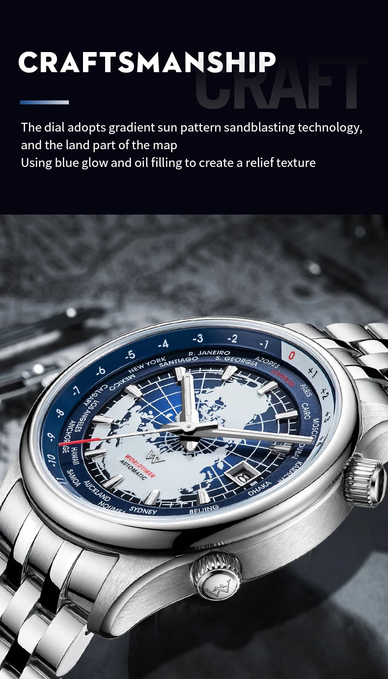 WM Watch Automatic Mechanical Men Watches High Quality Sapphire World Time Original Recognized Brand Welly Merck Watch Man WM057