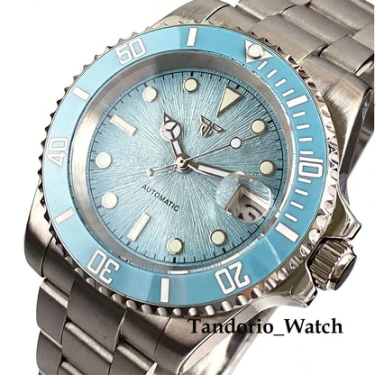 Tandorio 20ATM 40mm Men's Automatic Diver Watch For Miyota 8215 Asia 2824 Sapphire Glass Ice Blue Stainless Steel Jubilee Watch