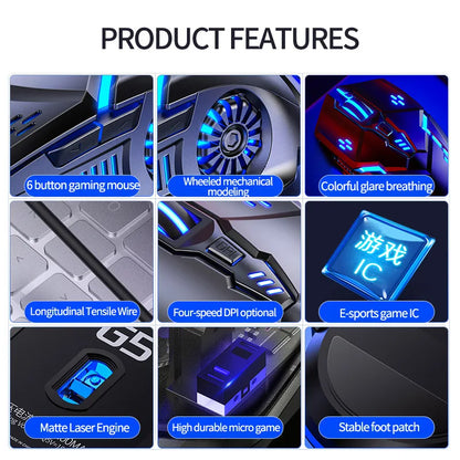 Rato Gaming Ergonómico com Fio YINDIAO RGB Silencioso, Retroiluminação LED, 3200dpi, 6 Botões, G5 USB, Rato Mecânico para PC, Portátil e Computador