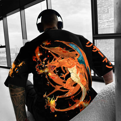 Classic Anime Pokemon Charizard Blue Flame Dragon Print Unisex Oversized Short Sleeve T-Shirt Streetwear Tops for Men and Women