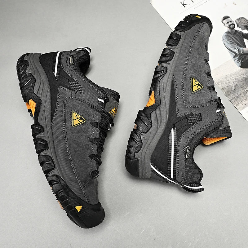 HIKEUP New High Quality Men Hiking Shoes Durable Leather Climbing Shoes Outdoor Walking Sneakers Rubber Sole Factory Outlet