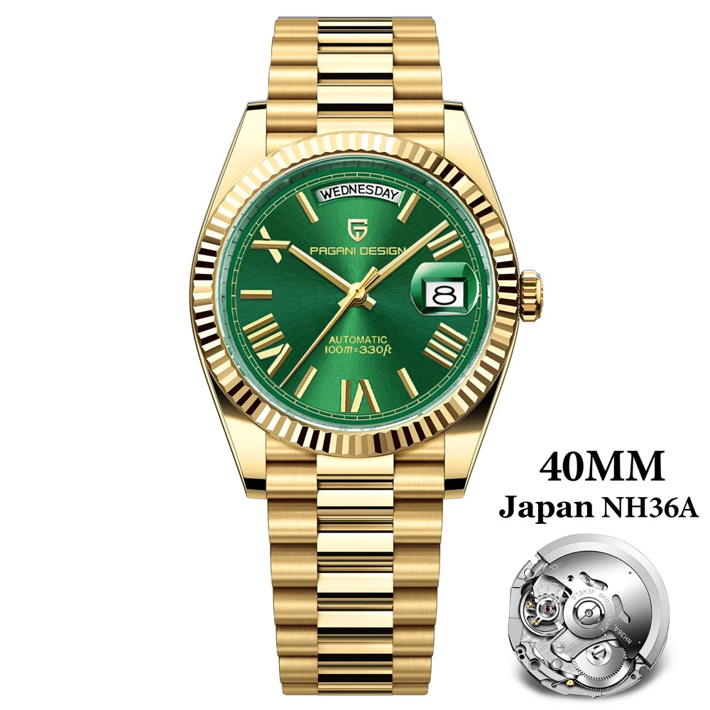 PAGANI DESIGN 2026 New Gold Green 40MM Date Week Men's Watches Automatic Watch Men AR Sapphire Glass NH36A Mechanical Wristwatch