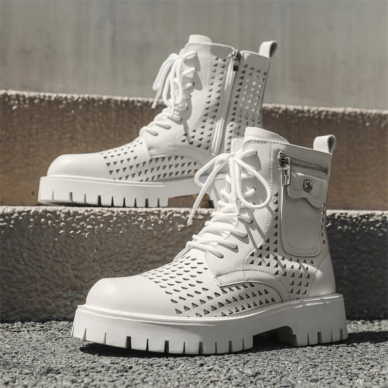 Non-Slip Men's High Top Casual Leather Shoes Street Style Motorcycle Boots New Stylish Ankle Boots Thick Bottom Walking Footwear