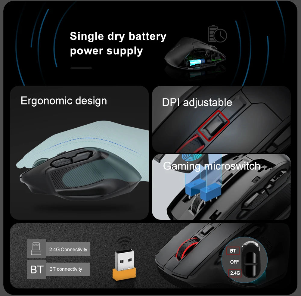 Rato Gaming E-YOOSO X-31 Pro USB Grande com Suporte Bluetooth 2.4G Sem Fios PAW3212 4800 DPI para Gamer, Computador Portátil e PC