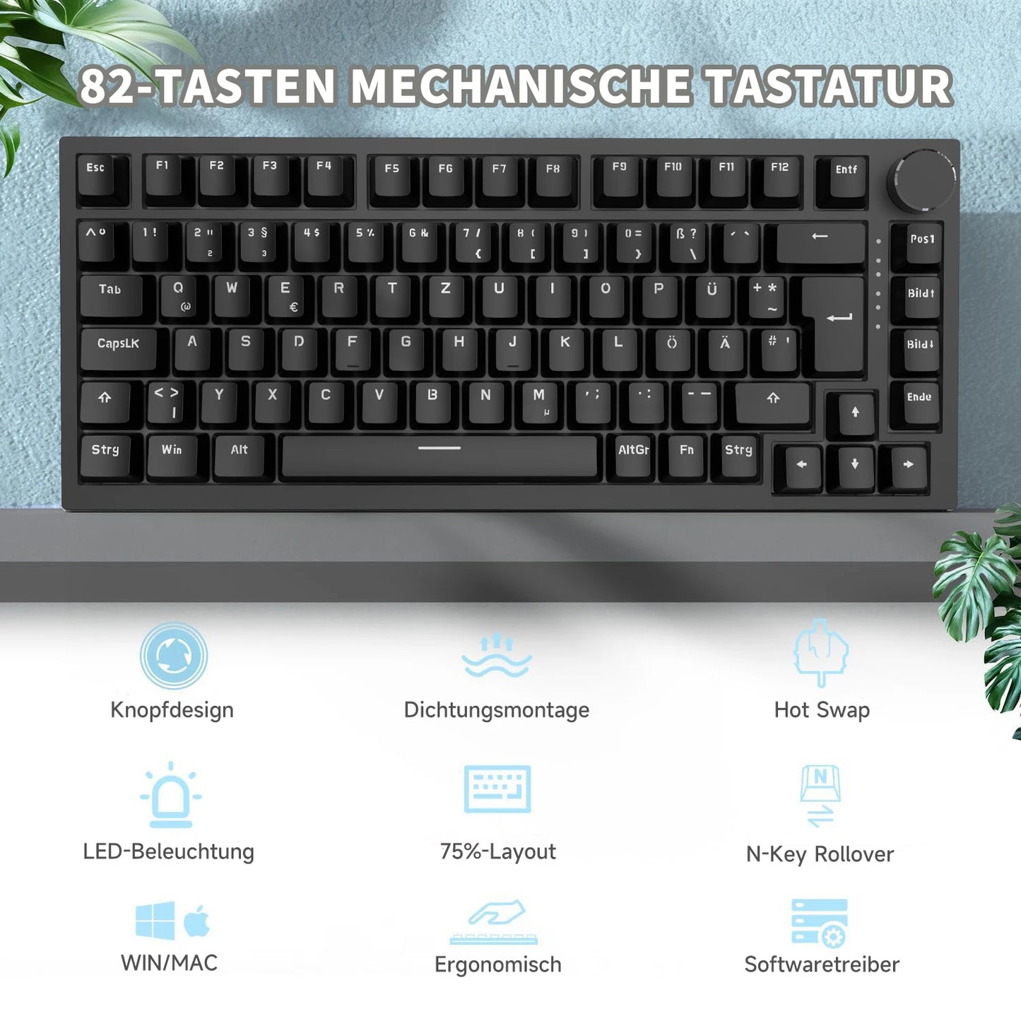 German Version Ajazz Ak820 Gaming Mechanical Keyboard, German Keyboard, ISO-DE Layout Qwertz Hot-Swappable Volume Knob, Holiday Gift
