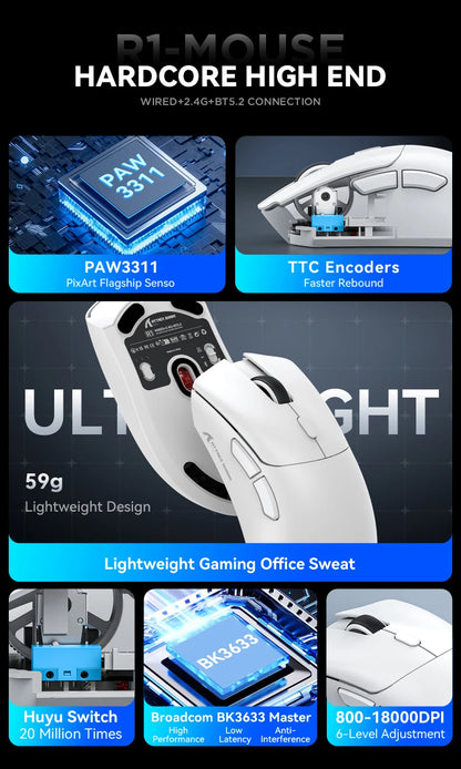 Attack Shark R1/X11 Tri-Mode Wireless Gaming Mouse, 18,000 DPI PAW3311 Bluetooth, 2.4GHz & Wired Lightweight Programmable Gaming Mouse for PC & Laptop