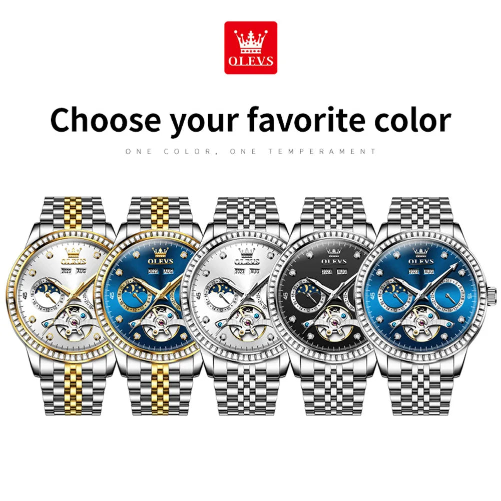 OLEVS 7016 Luxury Automatic Watch Men Skeleton Tourbillon Moon Phase Calendar Waterproof Stainless Steel Mechanical Wristwatch