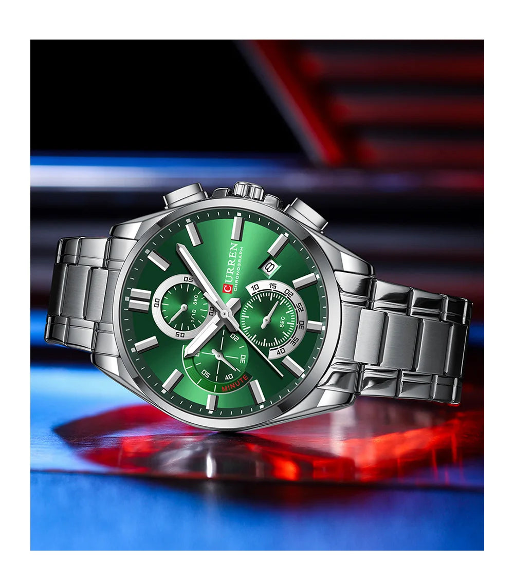 CURREN Men's Stainless Steel Chronograph Watches with Luminous Hands,Triple Sub-Dials Auto Date Fashion Design Quartz Wristwatch