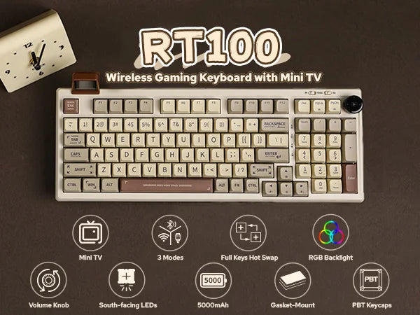 EPOMAKER RT100 95% Gasket-Mounted Wired/Bluetooth/2.4G Wireless Mechanical Keyboard with Multi-media Knob & Mini Display