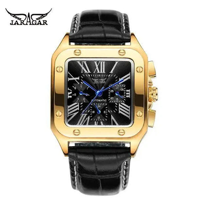 Fashion Jaragar Top Brand Men's Stylish Casual Skeleton Automatic Watch Multifunction Genuine Leather Strap Square Dial Business