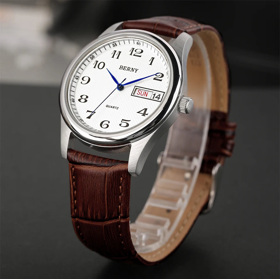 BERNY Men's Watch Quartz Day Top Calendar Wristwatch Waterproof Blued Steel Hands Arabic Numerals Easy Read Relogio Masculino